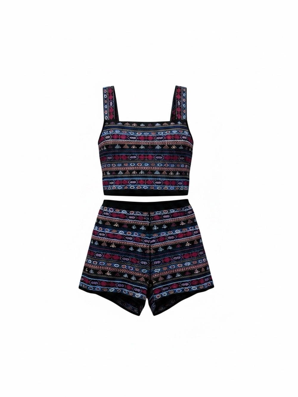 Zara Black Multicolor Patterned High-Waist Shorts Set